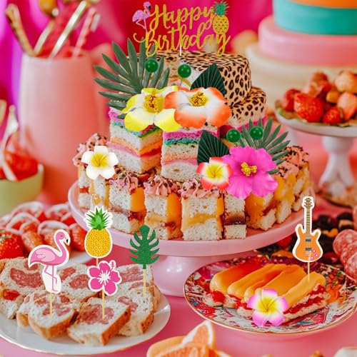 45 Pcs Hawaiian Cake Decorations Summer Flower Cake Toppers with Turtle Leaves and Hibiscus Flower Palm Leaf for Tropical Hawaiian Beach Luau Themed Birthday Party Supplies - color: Hawaiian Faux