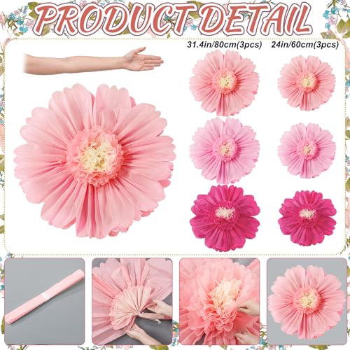 Giegxin 6 Pcs 31.4", 24" Pink, Rose Red Giant Paper Flowers Big Pink Tissue Flowers for Wall Decorations Jumbo Crepe Floral for Wedding Tea Party Baby Shower Classroom Bulletin Board Birthday Backdrop - color: Rose Red,Pink, size: 31.5", 24"