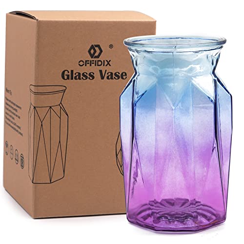 OFFIDIX Flower Vase, Gradient Multicolor with Geometric Faceted Design Art Decorative Glass Vase for Wedding, Dinning, Bookshelf, Home Decoration or Gift - color: F-blue Purple Gradient