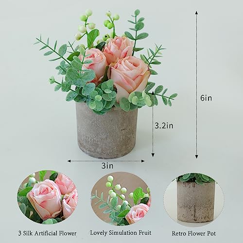 Small Artificial Burnt Pink Rose Potted Plant, 6" Fake Silk Flowers in 3" Cylindrical Pot, Mini Faux Floral Arrangement for Desk Shelf Bathroom Decor - color: Burnt Pink