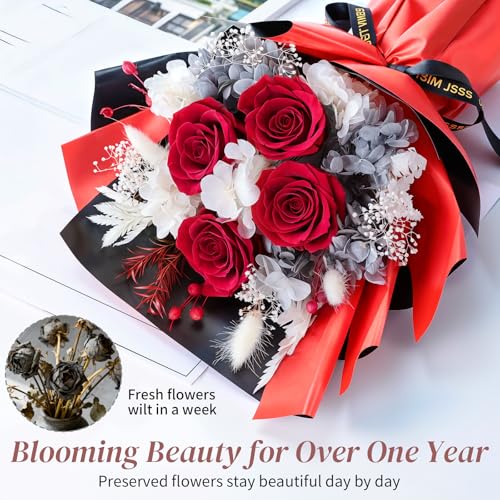 Lewondr Flower for Delivery, Preserved Flowers Bouquet, Red Rose Bouquet with Gift Box, Real Long-Lasting Forever Birthday Flowers Gifts for Wife Girlfriend Mothers Day Anniversary Proposal, White-Red - color: White-Red