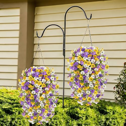 8PCS Faux Hanging Pansy Flowers for Outdoors,UV-Resistant Artificial Plants for Porch, Patio, Garden, Window Boxes, Spring & Summer Decor (Yellow Purple White) - color: Yellow Purple White
