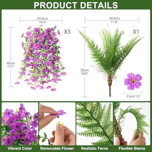 ZFProcess Artificial Fake Hanging Flowers for Outdoors, Silk Daisy with Articial Boston Ferns Plants Set, Realistic Spring Fake Outdoor Flowers UV Resistant Porch Patio Yard Decor - color: Purple Daisy With Fern