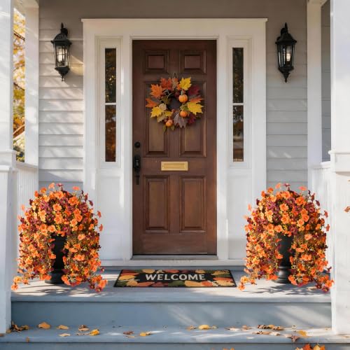 INQCMY Artificial Fake Fall Flowers Plants for Outdoor Decoration,2 PCS Faux Silk Morning Glory with Eucalyptus Leaves,UV Resistant Realistic Outdoor Flowers for Balcony Porch Patio Yard Garden - color: Fall Orange Brown