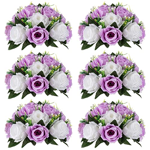 NUPTIO Flower Wedding Centrepieces for Tables - 6 Pcs 9.5in Diameter Lilac & White Artificial Flowers Rose Ball for Centerpieces Table - Fake Rose Arrangements for Weddings Birthday Party Decor | 6 Pcs 9.5 inch Fake Floral Arrangement for Wedding Birthday