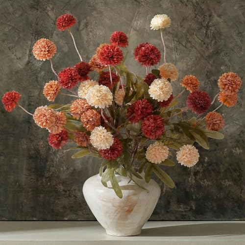 9pcs Fake Flowers Silk Mini Mums with Stems, Burnt Orange Faux Chrysanthemum Pompon Balls Artificial Flower Bulk for DIY Wedding Centerpieces, Vase Fillers, Floral Arrangements & Home Decor - color: Mixed Orange