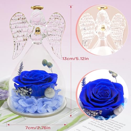Miofula Gifts for Mom Birthday Gifts for Women, Preserved Flowers Rose in Glass Angel Figurines, Fresh Flowers for Delivery Anniversary Forever Real Roses Gifts for Mothers Grandma Her Wife Girlfriend - color: Blue