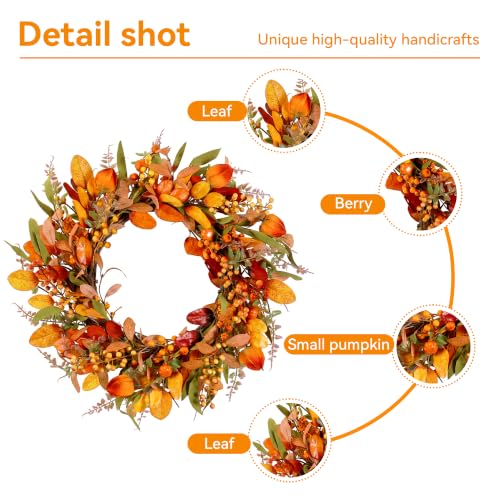 20" Fall Wreath Front Door Pumpkin Artificial Wall Decor Farmhouse Autumn Wreath Thanksgiving Home Porch Outdoor Indoor Holiday Harvest Decor - color: Beige, size: 20''
