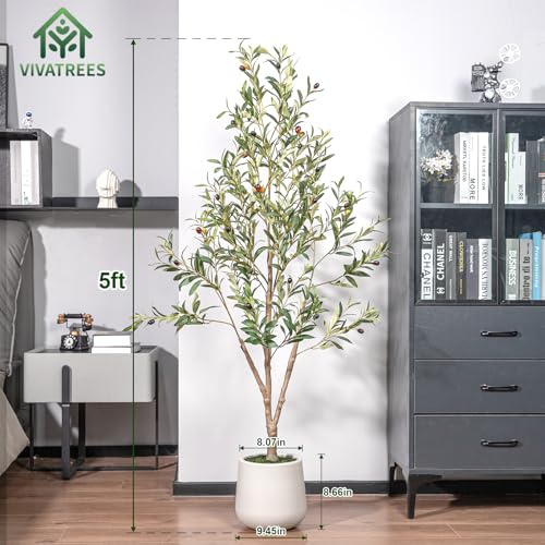 VIVATREES Olive Trees Artificial Indoor, 5FT Tall Faux Olive Tree with White Tall Planter, Artificial Plants with Natural Wood Trunk and Lifelike Fruits for Home Office Decor - color: White-5ft