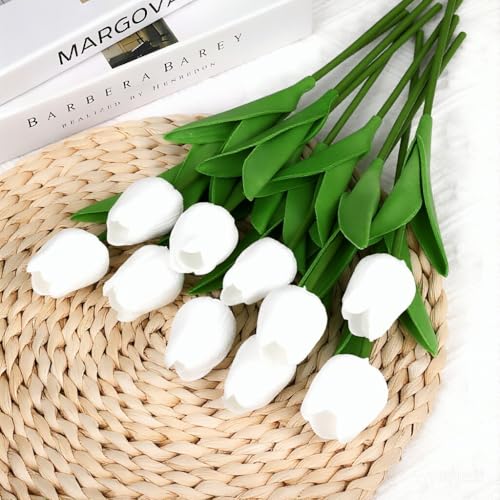 Real-Touch Artificial Tulips with Ceramic Vase, 10 Stems Faux Floral Arrangement, Spring Table Centerpiece, Modern Farmhouse Home Decor (White+vase) - color: White+vase