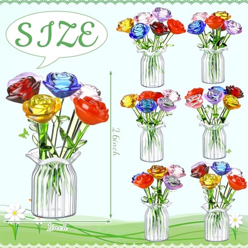 FoldTier 42 Pcs Mini Glass Flower Decoration Hand Blown Glass Flower Figurines Collectible Ornaments with Vase for Mothers Day Birthday Table Centerpiece Garden DIY Craft(Roses) - style: Roses