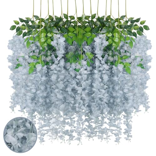 24 Pack Grey Wisteria Hanging Flowers Garland, 3.77 Feet Artificial Flower Vines, Fake Wisteria, Artificial Vines Hanging Garland for Backdrop Outdoor Yard Garden Decor - color: Grey, size: 24 PCS