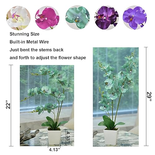Faux Orchid in Vase Large Artificial Orchid in Ceramic Vase Teal Silk Orchids with Stems Real Look Potted Fake Flowers Arrangement Centerpiece Table Decorations for Home Decor Indoor, Golden Blue - color: Y-golden Blue