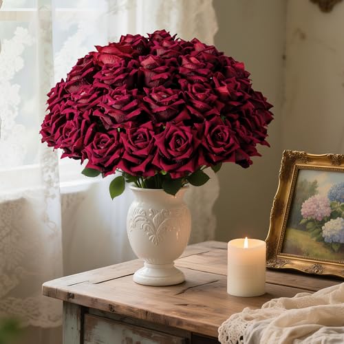 Ttranewsoo Fake Roses Faux Flowers Silk Roses Artificial Roses with Stems Realistic Artificial Flowers Suitable for Indoor Home Decoration Diy Bouquet Wedding Decor Party Decor 36PCS(16.5In,Black red) - color: Black Red 36pcs
