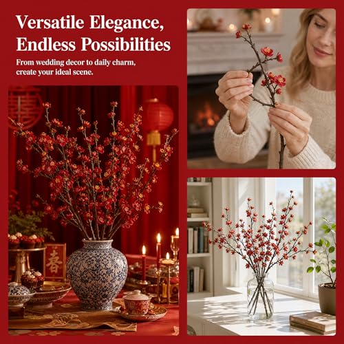 Plum Blossom Flowers Artificial,6Pcs Red Cherry Blossom Flowers,Faux Cherry Blossom Flower Branches for Home and Office Decor (red, 6)… - color: Red