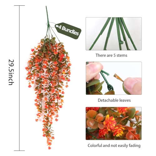 RECUTMS 4Pcs Artificial Fall Flowers Fake Eucalyptus Leaves with Flower Plastic Ivy Greenery Leaf Autumn Artificial Hanging Plants for Thanksgiving Home Garden Wall Bedroom Wedding Decor Orange - color: Style3-orange
