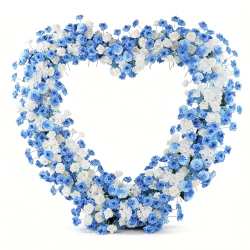 Heart-Shaped Rose Flower Arrangement - Floral Decor for Wedding Arch, Proposal, Party & Event Backdrops, Indoor Outdoor Use（Stand NOT Included） (Blue-White) - color: Blue-white