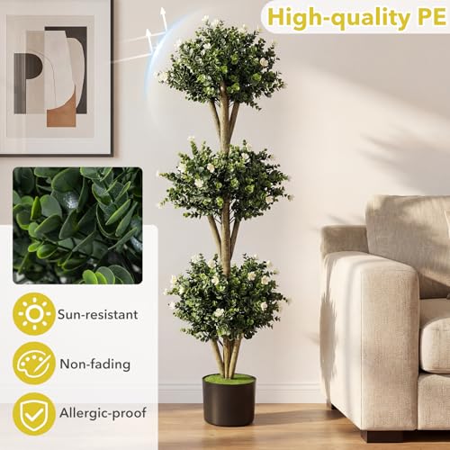 Goplus 51" Artificial Triple Ball Boxwood Topiary Tree, Faux Bush Plant with 59 Blossoms, Cement-Filled Plastic Pot, Sun-Resistant Indoor Outdoor Fake Greenery for Porch Home Decoration Housewarming - color: White