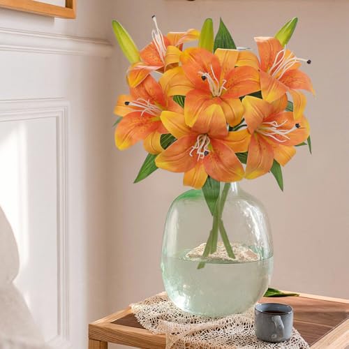 Oairse Artificial Tiger Lily Silk Flowers - 3 Pcs Faux Lily Flower 14.9" Fake Lilies Bouquets Faux Stargazer Lilies Stem with 6 Heads & 3 Buds for Indoor Outdoor Home Table Wedding Decor (Orange) - color: Orange