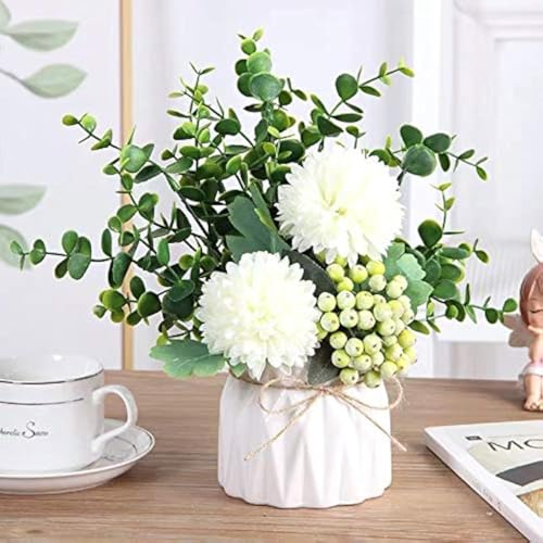 LADADA Artificial Flower Hydrangea and Small CeramicVase Fake Plant Eucalyptus Leaf Berry Flower Arrangement for Home Decoration (White) - color: White