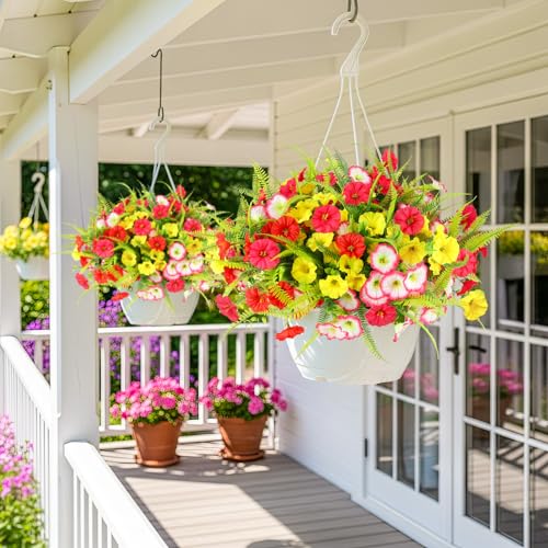 Outdoor Flowers UV Resistant Artificial Flowers 12 Bundles Artificial Petunias Fake Flowers Shrubs Plants with Fern for Indoor Outside Hanging Planters Home Garden Spring Summer Decorations - color: Red, Rose Red, Pink, Yellow