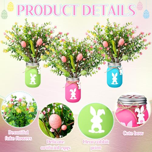 Pickmesh 3 Set Easter Bunny Mason Jars with Pastel Easter Eggs Picks with Artificial Flowers Berries Spring Tabletop Decor Centerpiece for Home Dining Table Holiday Decorations