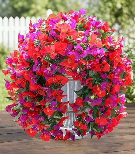 HyeFlora Bougainvillea Artificial Hanging Flowers Plants for Outdoors Decoration, 2pcs Fake Flowers Bougainvillea Vines Realistic UV Resistant Silk Flower for Outside Planter Porch Patio Yard Urn, Mix - color: Purple + Red