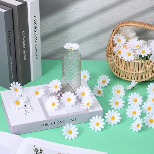 Nogeqi 100 Pcs Daisy Flower Head Artificial Daisy Flower White Gerbera Fake Flowers Heads for DIY Garland Craft Birthday Wedding Party Easter Bonnet Home Decoration