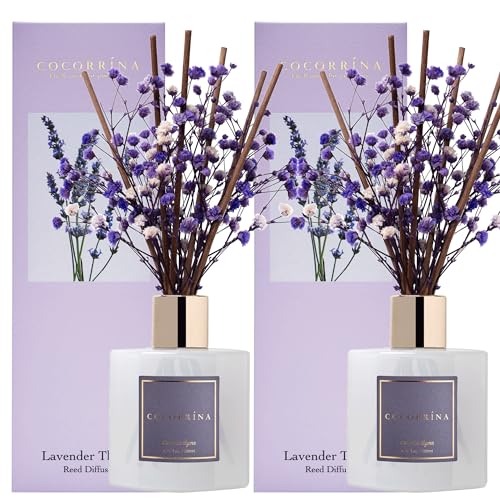 Cocorrína Premium Reed Diffuser Set with Preserved Baby's Breath & Cotton Stick Lavender Thyme 2 Packs, 6.7oz Scent Fragrance Oil Diffuser for Bedroom Bathroom Home Décor - size: 6.7 Ounce/2pack