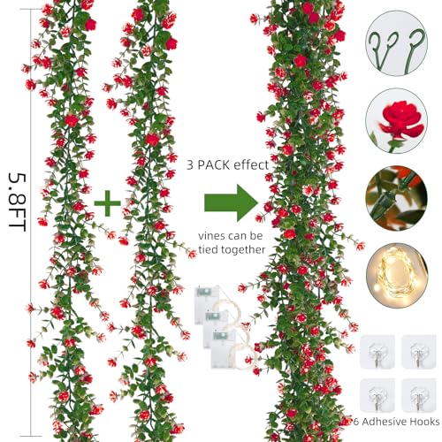 RECUTMS Artificial Leaves Garland with Flowers Fake Vines with Lights Spring Mantel Garland Fake Greenery Vines 5.8 Ft Lit Vine for Mantle for Wall Wedding Party Table Home Bedroom Decor(Red) - color: Red With Lights