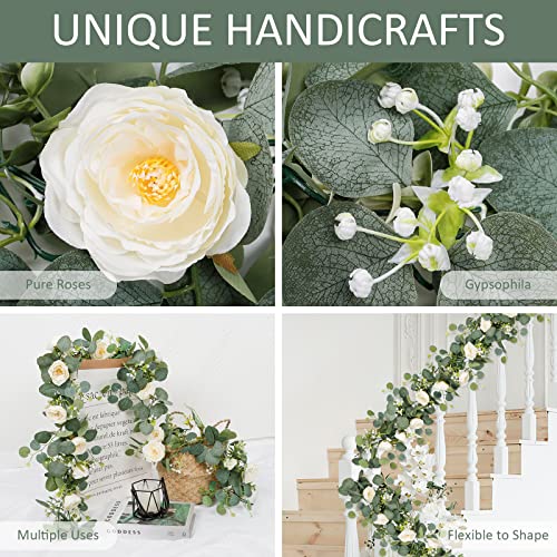 TOCHGREEN 4 Pack Artificial Eucalyptus Flower Garland with White Roses, Fake Rose Flower Greenery Garland Floral Vines for Wedding Home Party Table Runner Decor (4PCS, White) - color: White, size: 4PCS