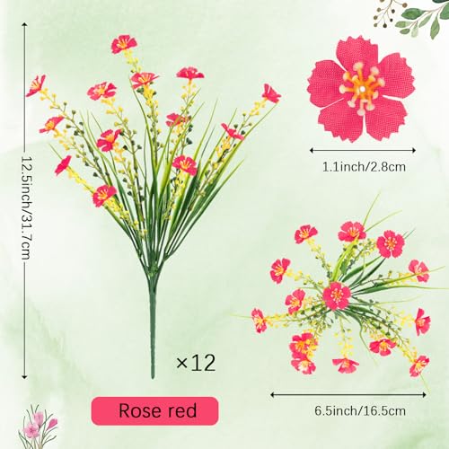 MACTING Artificial Flowers for Outdoors 12 Bundles UV Resistant Fake Flowers No Fade Faux Outdoor Plants for Indoor Outside Planters Garden Porch Yard Window Home Summer Decorations(Rose Red) - color: Rose, size: 12PCS