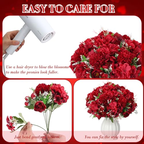 Tigeen Peonies Artificial Flowers Faux Roses Silk Flowers Hydrangea Artificial Bouquet for Wedding Table Centerpiece Floral Vase Home Office Bridal Decor(Wine Red,24 Bundles) - color: Wine Red