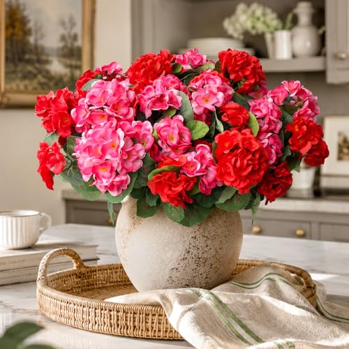 8 Bundles Artificial Geranium Fake Flowers for Outdoor UV Resistant, Outside Spring Red Pink Flower Decoration for Home Kitchen Table Cemetery Garden Planter, Front Door Silk Faux Plants - color: Red+rose Pink, size: 8ps