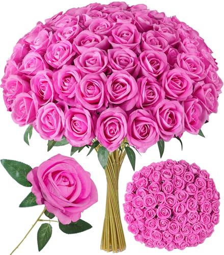 50 PCS Hot Pink Roses Artificial Flowers, Real Looking Fake Roses with Long Stems Silk Flowers for DIY Wedding Bouquet Party Celebration Home Bridal Baby Shower Decoration Birthday Gift for Her Wife - color: Hot-pink