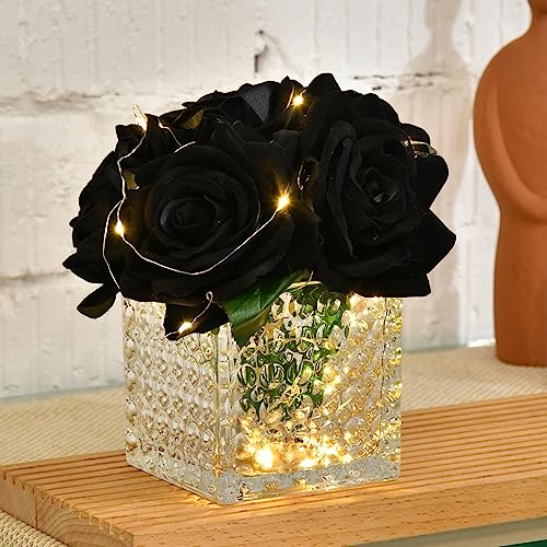 Fule Artificial Silk Rose Flower Centerpiece Arrangement in Glass Vase with LED Light for Home Wedding Decoration (Black) - color: Black