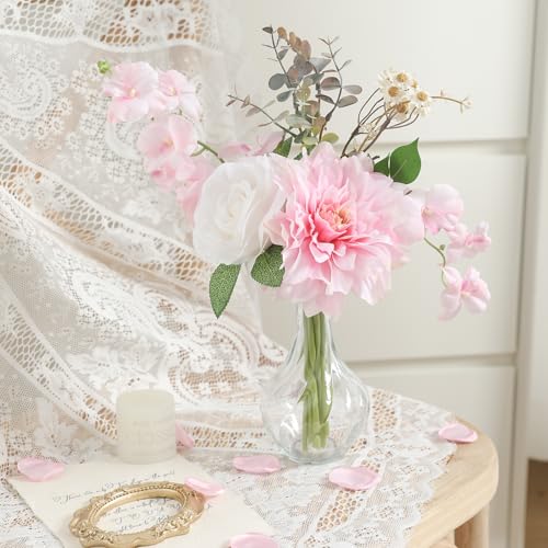 Faux Flowers with Vase,Small Artificial Silk Roses in Vase, Fake Plant Eucalyptus Flower Arrangement for Home Office Decoration, Living Room and Dining Table Centerpiece - color: Light Pink