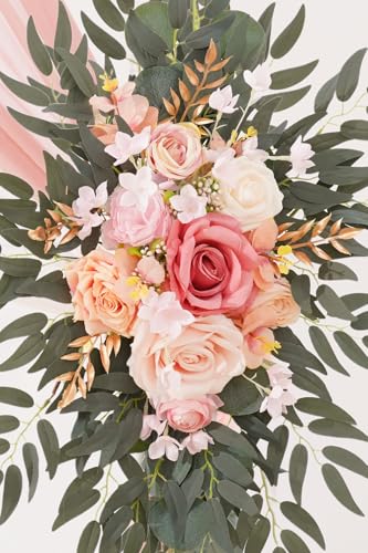 Deluxe Wedding Arch Flowers with Drapes Kit Pack of 4, 2pcs Dusty Pink Sage Hanging Silk Flowers Arrangement 2pcs Chiffon Drapes for Ceremony Arbor Party Outdoor Decor - color: Dusty Pink & Pink
