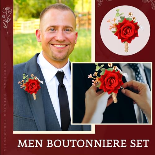 Sherr 12 Pcs Boutonniere for Men Wedding Flower Boutonniere Rose Corsage Set with Pin for Groom Groomsmen Prom Western Wedding Anniversary Dinner Fall Party Decor (Red) - color: Red