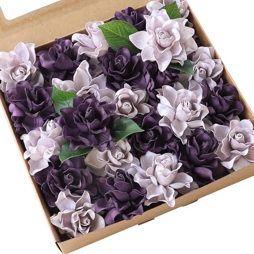 Floroom Artificial Gardenia Flowers 2.7" 25pcs Real Looking Lilac & Purple Foam Fake Flowers with Stems for DIY Wedding Bouquets Bridal Shower Centerpieces Floral Arrangements Party Tables Decorations - color: Lilac & Purple