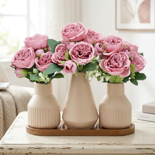 Flower Table Centerpiece - Dining Table Centerpiece Decor Set of 3 Fake Peonies in Ceramic Vases & Wood Tray Modern for Kitchen Island Living Room Coffee Table Home Decor (Dusty Pink) - color: Dusty Pink