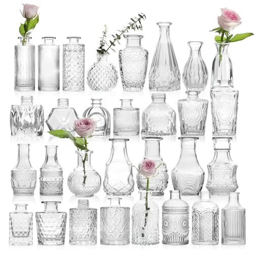 Vintage Glass Bud Vases Bulk 30 Pack|Small Clear Flower Vases for Wedding Decor, Centerpiece Table Decorations, Rustic Home & Party Decor (Transparent)