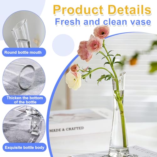 Hand-Made Blown Art Bud Glass Vase Transparet Gray Small Glass Vase Glass Flower Vase Heavy Base Single Stem Flower Drop Vase for Home Wedding Decor (Oblique Mouth-23cm)