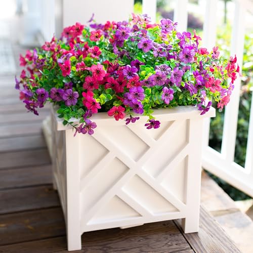 florisso Artificial Flowers for Outdoors Daisy 12 Bundles for Home Decoration, Faux Flower Fake Plants Outside Decoration with Eucalyptus UV Resistant for Planter Porch Patio Yard Garden - color: Purple Pink