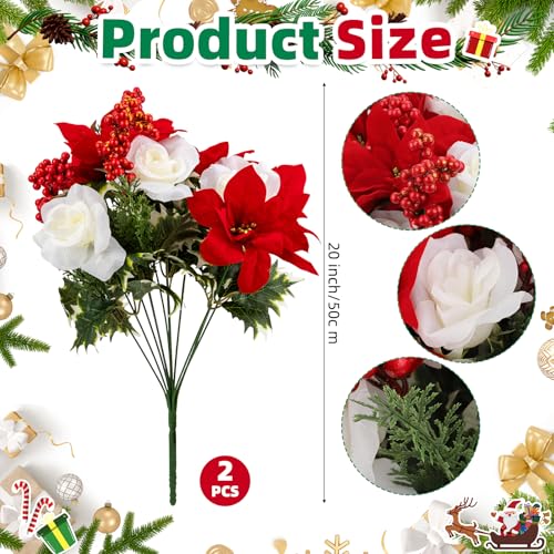 2 Pcs 20 Inch Artificial Red Poinsettia White Rose bouquet with Berry Pine Branch 12 Stems Velvet Faux Poinsettia Floral for Vases Wreaths Garland Indoor Outdoor Christmas Tree Home Decorations - color: Red