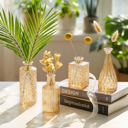 12 Pcs Clear Bud Vases Set, Small Vintage Glass Clear Bud Flower Vases Bulk Multiple Shape Cute Mini Glass Bottles Vases for Rustic Wedding Centerpieces Table Decorations and Home Decor (12, Gold) - color: Gold