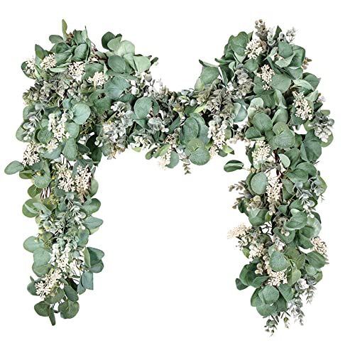Ouddy Decor Eucalyptus Garland 6.56 Ft Lush Silver Dollar Leaves Boxwood with White Buds Artificial Faux Greenery Vines for Baby Shower Wedding Party Table Runner Room Home Mantle Decor - color: White, size: 1 Pack
