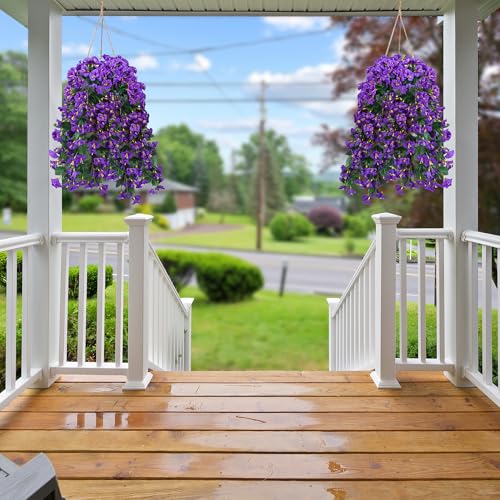 Sggvecsy Artificial Fake Hanging Flowers Plants for Outdoor Outside Spring Summer Decoration 4PCS Faux Silk UV Resistant Realistic Morning Glory Trailing Vines for Home Porch Patio Balcony(Purple) - color: Purple, size: 4Pcs