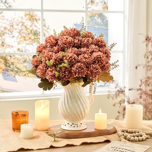 18 Heads Brown Artificial Chrysanthemum Flowers Fake Mums Brown Kiku Ball Flowers Bouquet Silk Chrysanthemums for Indoor Outdoor Table Centerpiece Vase Wedding Decoration, 2 Pcs - color: Brown Chrysanthemum
