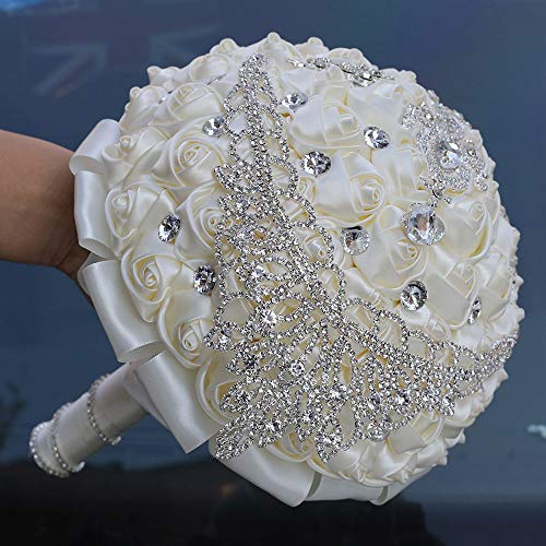 Handmade Luxury Wedding Bridal Bouquet Large Silk Rose Holding Toss Artificial Flowers Bouquets with Satin Ribbon Pearls Rhinestone for Bride Vintage Royal Wedding Bouquet Decor(Ivory) - color: Ivory